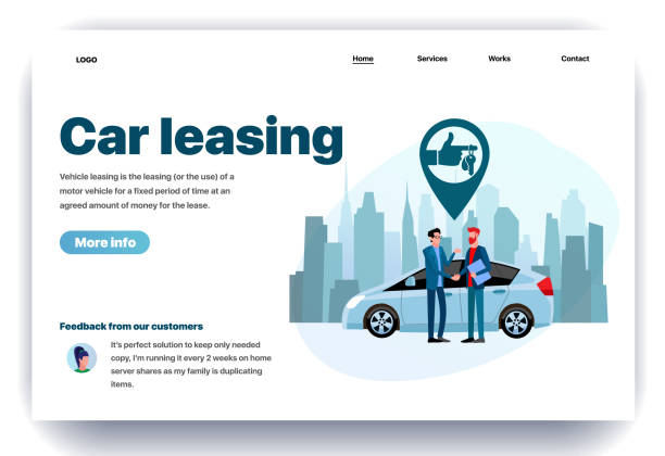 Web page flat design template for car leasing Web page flat design template for car leasing. Business landing page vehicle rental in city. Automobile hire or buying. Modern vector illustration concept for website and mobile website development car sales stock illustrations