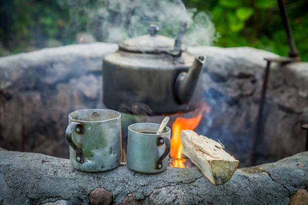 istock Hot aromatic coffee with kettle on bonfire in summer 1151849132