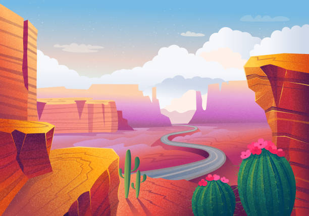 Wild West Landscape Wild west Texas. Landscape with red mountains, cactus, road and clouds. Vector illustration in cartoon style. texas road stock illustrations