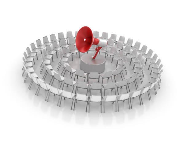 istock Circle of Chairs with Megaphone - 3D Rendering 1151849552