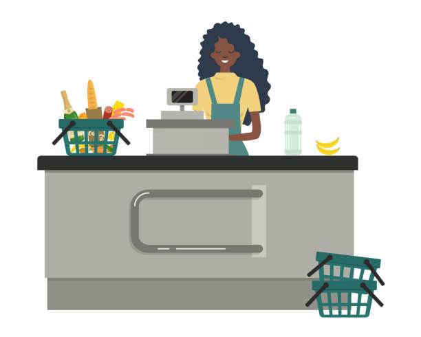 Web banner of a supermarket cashier. The young black woman is standing near the cash register Web banner of a supermarket cashier. The young black woman is standing near the cash register. There is also a green shopping cart with products in the picture. Vector flat illustration. retail clerk illustrations stock illustrations