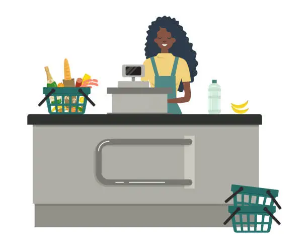 Vector illustration of Web banner of a supermarket cashier. The young black woman is standing near the cash register