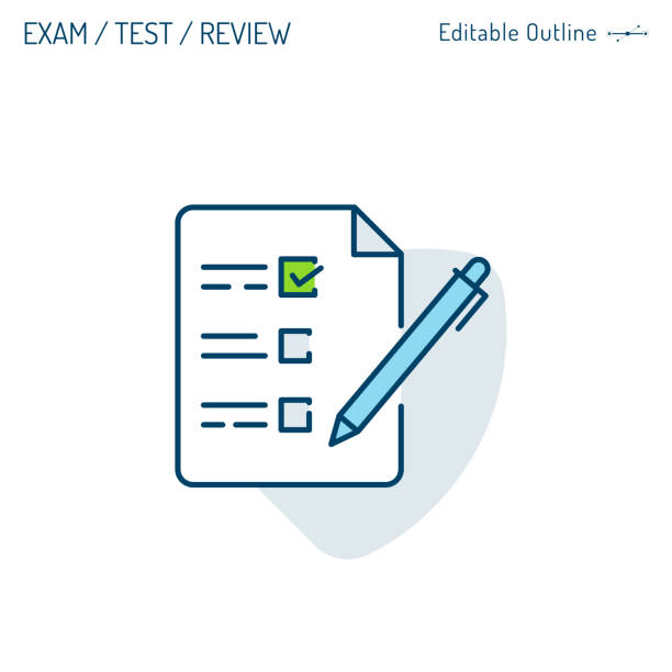 ilustraciones, imágenes clip art, dibujos animados e iconos de stock de icono de la aplicación, formulario de encuesta, icono del examen, prueba en línea, cuestionario, pregunta objetiva, lista de comprobación, comentarios de los clientes, archivos de oficina corporativa de negocios, trazo editable - exam checkbox test results questionnaire