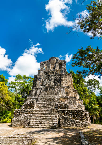 pirâmide maia antiga em muyil em quintana roo, méxico - ancient civilization ancient traditional culture vertical - fotografias e filmes do acervo