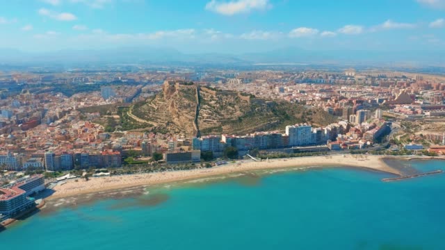 Alicante, Spain. Aerial view on the city against the sea with a view of the mountain and fortress