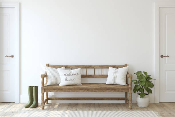 Farmhouse entryway. Wooden bench near white wall. 3d render. Farmhouse entryway. Wooden bench near white wall. Interior mockup. 3d render. farmhouse photos stock pictures, royalty-free photos & images