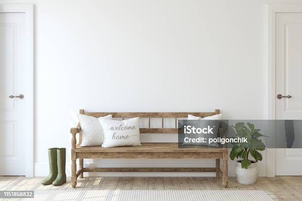 Farmhouse Entryway Wooden Bench Near White Wall 3d Render Stock Photo - Download Image Now