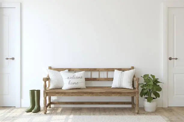 Photo of Farmhouse entryway. Wooden bench near white wall. 3d render.