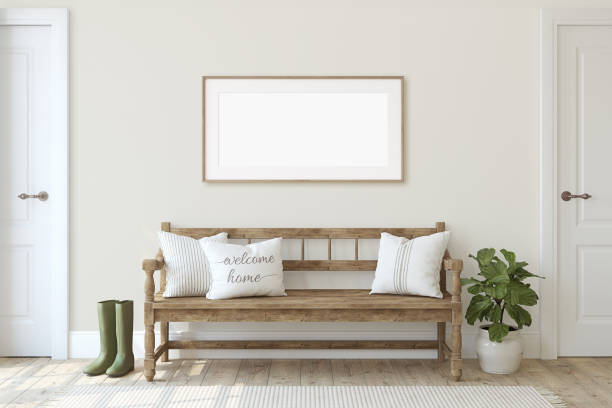 Farmhouse entryway. Frame mockup. 3d render. Farmhouse entryway. Wooden bench near beige wall. Frame mockup. Wooden frame on the wall. 3d render. farmhouse photos stock pictures, royalty-free photos & images