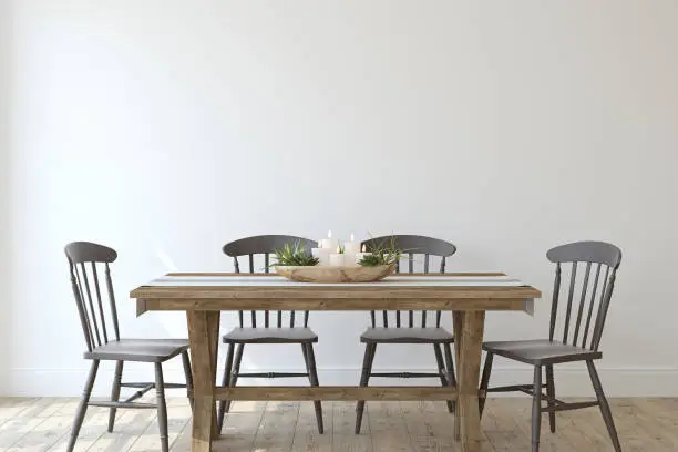 Photo of Modern farmhouse dining-room. 3d render.