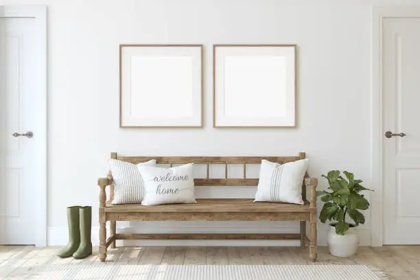 Farmhouse entryway. Wooden bench near white wall. Frame mockup. Two wooden square frames on the wall. 3d render.
