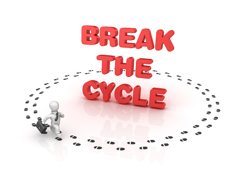 Business Person Running around BREAK THE CYCLE Phrase - White Background - 3D Rendering