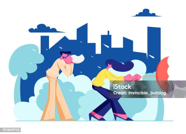 People Walking Street In Bad Weather With Rain On Cityscape Background Man Blow His Nose Into Handkerchief Woman Holding Umbrella Turned Inside Out In Strong Wind Cartoon Flat Vector Illustration Stock Illustration - Download Image Now