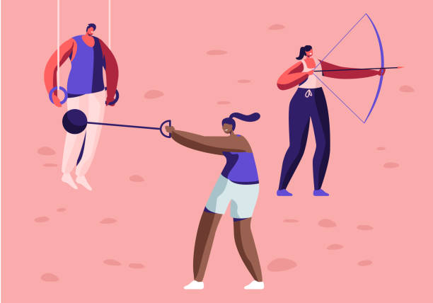istock High Jump, Vaulting Horse, Core Shot, Bow Shooting, Sport Rings Gymnastics Exercises, Professional Sport Activities Set. Male and Female Sportsmen Characters Workout. Cartoon Flat Vector Illustration 1151860571