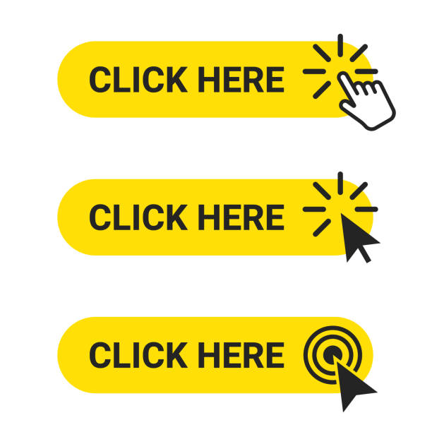 여기를 클릭 하십시오. 마우스 커서와 손 포인터의 동작을 웹 버튼의 집합입니다. 여기를 클릭, ui 버튼 개념 - sign symbol communication arrow sign stock illustrations