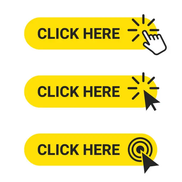 Vector illustration of Click here. Set of web buttons with action of mouse cursor and hand pointer. Click here, UI button concept