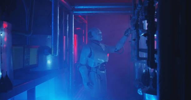 istock Humanoid robot working in a smoke filled lab 1151861038