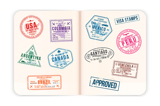 Realistic passport pages with visa stamps. Opened foreign passport with custom visa stamps. Travel concept to American countries. Vector