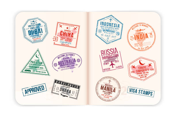 realistyczne strony paszportowe ze znaczkami wizowymi. otwarty paszport zagraniczny z niestandardowymi znaczkami wizowymi. koncepcja podróży do krajów azjatyckich i australijskich - travel earth airplane dubai stock illustrations