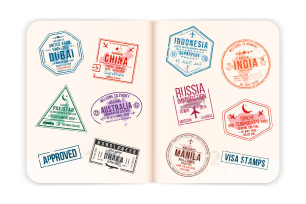 Realistic passport pages with visa stamps. Opened foreign passport with custom visa stamps. Travel concept to Asian and Australian countries. Vector
