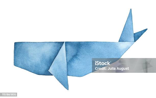 Blue Whale Origami Watercolour Illustration Symbol Of Dreams Fantasy Traveling Handdrawn Water Color Graphic Drawing On White Cutout Clipart Element For Creative Design Poster Card Invitation Stock Illustration - Download Image Now