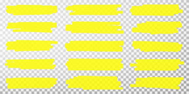 линии подсветки. рука обращается желтый маркер маркер ударов. набор прозрачных флуоресцентных маркеров для подчеркивающих - striped single line in a row backgrounds stock illustrations