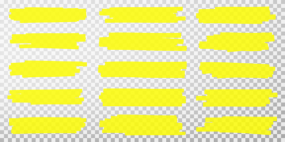 Highlighter lines. Hand drawn yellow highlighter marker strokes. Set of transparent fluorescent highlighter markers for underlines
