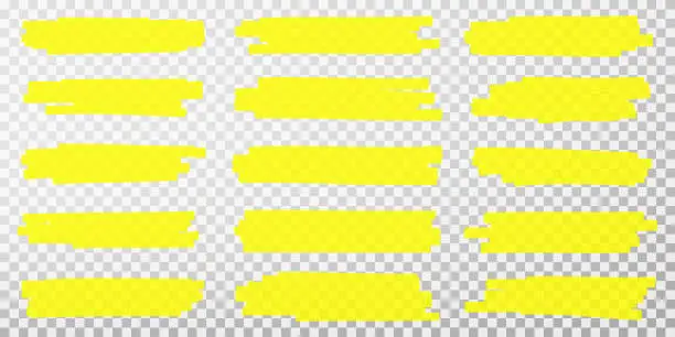Vector illustration of Highlighter lines. Hand drawn yellow highlighter marker strokes. Set of transparent fluorescent highlighter markers for underlines