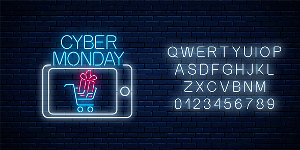 Cyber monday neon advertising banner of mobile app sale with alphabet on dark brick wall background. Discounts and sales in smartphone application Vector illustration