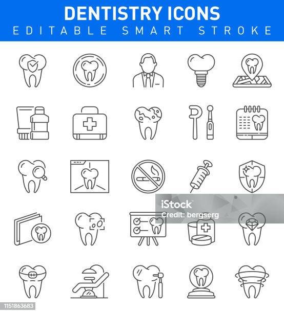Dentistry Line Icons Editable Stroke Stock Illustration - Download Image Now - Dental Health, Dental Equipment, Icon Symbol
