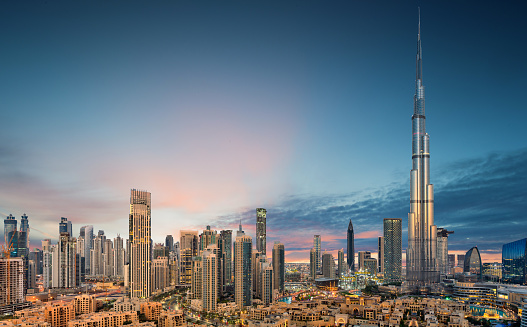 Increíble vista panorámica sobre el horizonte futurista de Dubái, Dubái, Emiratos Árabes Unidos photo