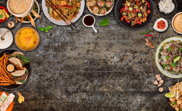 istock Asian food background with various ingredients on rustic stone background , top view. 1151868149