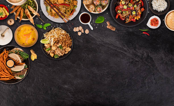 istock Asian food background with various ingredients on rustic stone background , top view. 1151868177