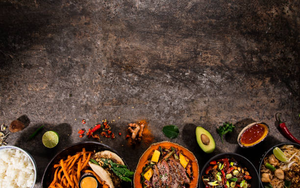 istock Asian food background with various ingredients on rustic stone background , top view. 1151868201