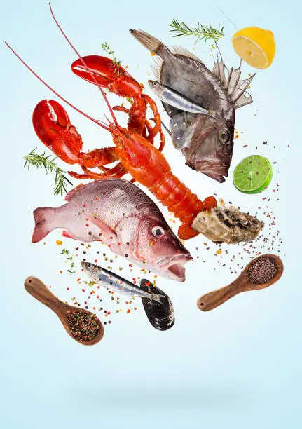 Photo of Flying raw sea fishes with ingredients for cooking. Food preparation concept