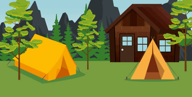 mountains with trees and cabin with camp in the landscape mountains with trees and cabin with camp in the landscape to summer adventure vector illustration summer camp cabin stock illustrations