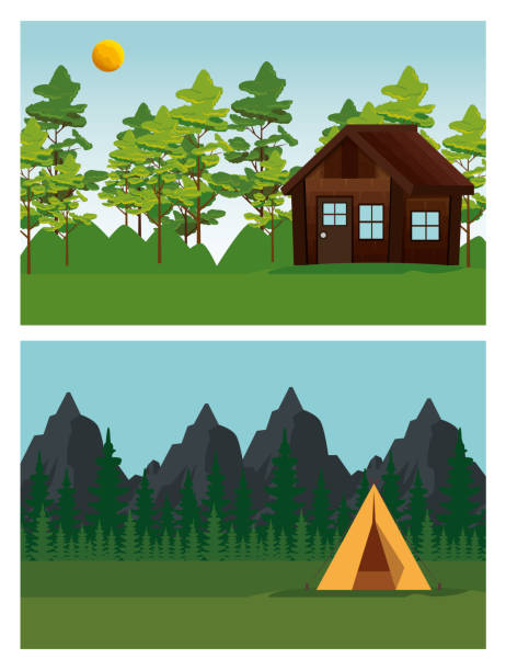 set of cabin and camp around the nature trees and mountains set of cabin and camp around the nature trees and mountains to summer adventure vector illustration summer camp cabin stock illustrations