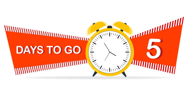 istock Five days before the start. Yellow yellow alarm clock with flat ribbons, best character suggestions. Vector illustration 1151872205