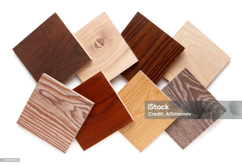 set of small samples of wooden parquet for the designer. isolated on white background group of eight small samples of wooden parquet from different types of wood, different colors and textures for the designer's work. isolated on white background. Flat lay, top view Color Swatch Stock Photo