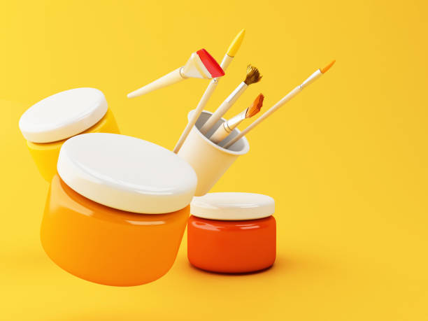 istock 3d Artist paint brushes and paint jars 1151873392