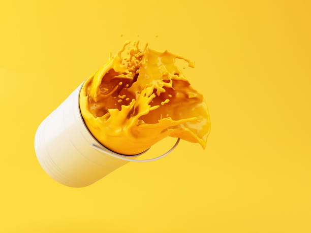 3d Yellow paint splashing out of can 3d illustration. Yellow paint splashing out of can on yellow background. bucket photos stock pictures, royalty-free photos & images