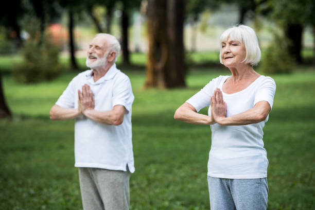 istock senior couple practicing meditation sukhasana standing poses with folded hands 1151874199