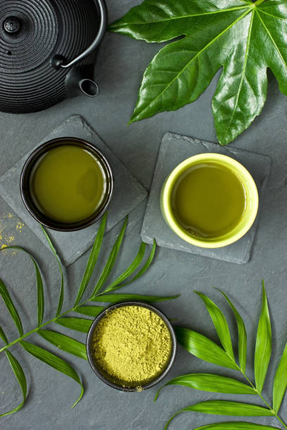 istock Ceramic  bowsl of matcha tea on  grey  texture background 1151878248