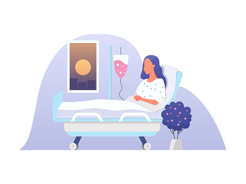 Young woman lying in a medical bed. Hospitalization vector illustration in a flat style. Patient during blood transfusion procedure