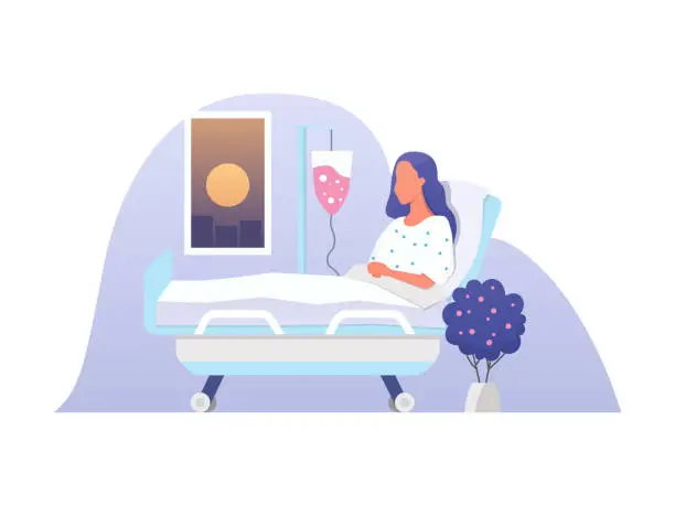 Vector illustration of Young woman lying in a medical bed. Hospitalization vector illustration in a flat style. Patient during blood transfusion procedure.