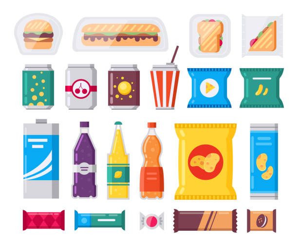 ilustraciones, imágenes clip art, dibujos animados e iconos de stock de merienda de comida rápida y paquete de bebidas, iconos vectoriales establecidos en estilo plano. colección de productos de vending. snacks, bebidas, patatas fritas, galletas, café, sándwich aislado sobre fondo blanco. - chocolate candy chocolate box candy