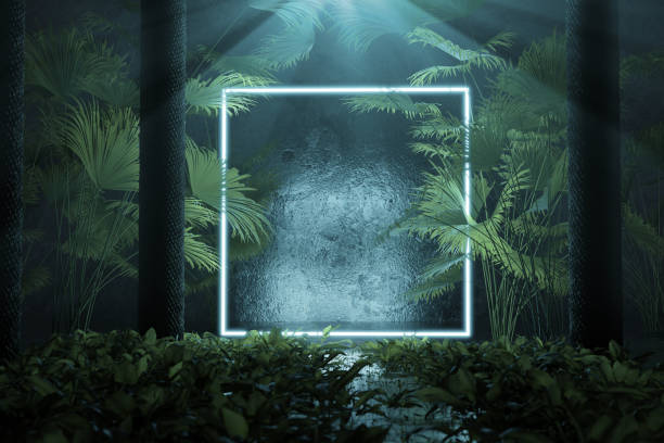 istock 3d rendering of blue lighten square shape with light beam surrounded by palm trees 1151880205