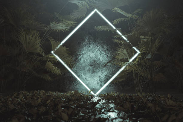 istock 3d rendering of blue lighten square shape with light beam surrounded by palm leaves 1151880209