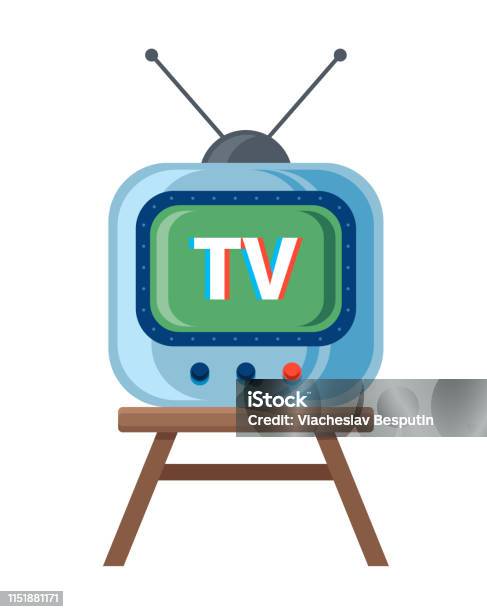 Retro Tv Avec Antenne Est Debout Sur La Chaise Fond Blanc Vecteurs libres de droits et plus d'images vectorielles de Antiquités