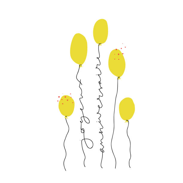 Joyeux Anniversaire continuous line lettering Joyeux Anniversaire continuous line lettering. Happy Birthday greeting phrase in French. Yellow balloons string in shape of congratulation quote. Anniversary postcard vector hand drawn design element anniversaire stock illustrations